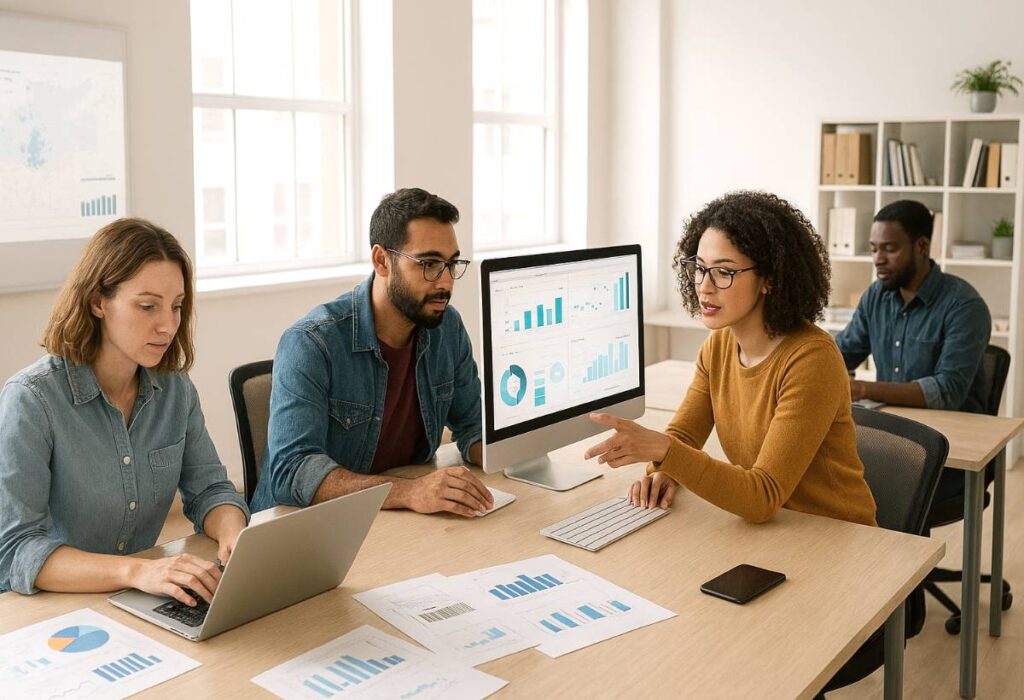 Volt Data Lab desenvolve ferramentas de dados como o Atlas da Notícia Imagem meramente ilustrativa com pessoas em uma sala discutindo gráficos com dados, em uma cena que remete ao trabalho do Volt Data Lab.